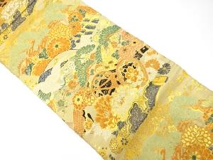 アンティーク　鶴に古楽器・松・梅模様織り出し丸帯（着用可）